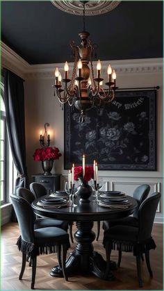 Light Gothic Interior, Rich Gothic Aesthetic, Modern Goth Interior Design, Gothic Home Ideas, Witch Home Decor Ideas, Modern Gothic Interior, Goth Interior Design, Modern Gothic Home, Gothic Dining Room