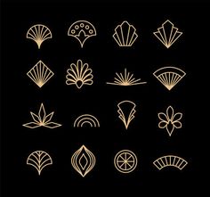 a set of nine hand drawn art deco design elements in gold color on a black background