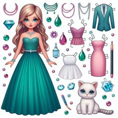 the paper doll is wearing a green dress and has jewelry around her neck, necklaces, and shoes