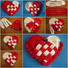 crocheted hearts and gloves are arranged on a table to make them look like they have been made out of yarn