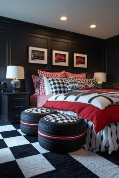 a black and white checkered bedroom with red accents