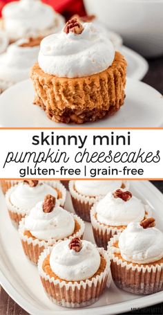 Skinny Mini Pumpkin Cheesecakes with a crunchy pecan crust; this grain-free treat is naturally sweeteend too for a healthier Holiday dessert. Pumpkin Cheesecakes, Pecan Crust, Mini Pumpkin Cheesecake, Gluten Free Thanksgiving, Gluten Free Cheesecake, Healthy Thanksgiving, Thanksgiving Food Desserts, Gluten Free Brownies, Cheesecake Filling