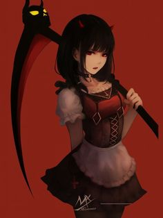 an anime character holding a large knife in her hand and wearing a dress with cat ears