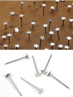 several different types of screws and nails on a wooden surface with the same one being used