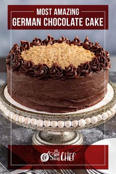 the most amazing german chocolate cake is on display for everyone to see it's price