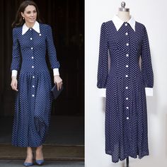 "DESCRIPTION Inspired by Kate Middleton's Polka dot midi dress which she wore for a visit to Bletchley Park in mid-May in 2019. Crafted from medium weight chiffon crepe fabric, this dress is flowy and sophisticated. perfect for a more dressy day out or for cocktail and evening events. The silhouette and style of the dress is very forties - It is very demure yet the polka dot adds such a cheeky touch. It is very flattering on tall ladies. Only made in 2 pieces at the moment. Please take note of t Retro Polka Dot Dress For Work, Retro Polka Dot Workwear Dresses, Polka Dot Collared Dress With Buttons, Collared Polka Dot Dresses With Buttons, Bletchley Park, Polka Dot Shirt Dress, Polka Dot Midi Dress, Frock For Women, 1940s Style