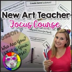 a woman holding two pens in front of a whiteboard with the words new art teacher focus course