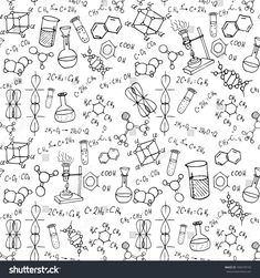 black and white science doodles with chemical symbols