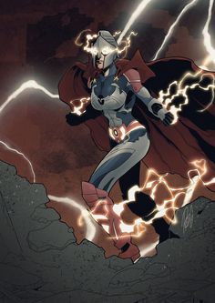 a woman in a red cape is surrounded by lightning