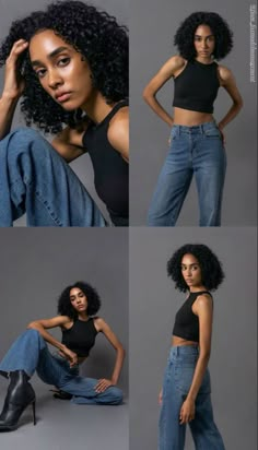 four different images of a woman in black top and jeans