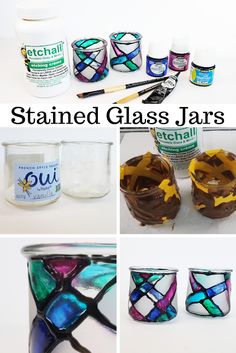 stained glass jars with different designs and colors are featured in this collage, including one for each jar