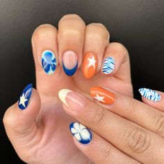 @nails_by.ry Cute Nail Inspo 2024, Nails With Lots Of Designs, Nail Ideas For Europe, Nails With A Lot Of Designs, Cute Mexico Nails, Summer Mexico Nails, Easy Beach Nail Designs, Cute Nails Blue And White, Nail Inspo Ideas Simple