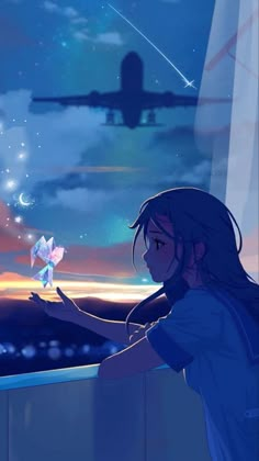 a girl looking out at an airplane in the sky with stars flying above her,