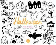 halloween doodles and hand drawn clippings with the words boo on them