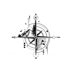 a black and white drawing of a compass with mountains in the background, birds flying around