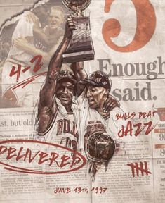 a drawing of two basketball players holding up a trophy in front of a newspaper advertisement