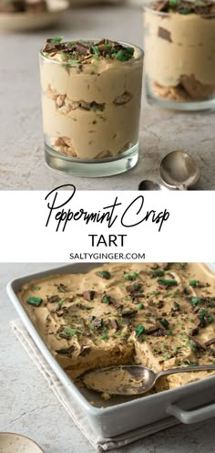 an image of desserts in glass dishes with spoons on the side and text overlay that reads peppermint crisp tart