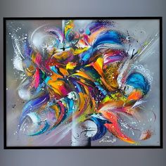 an abstract painting with multicolored lines and bubbles on it's surface, in a black frame