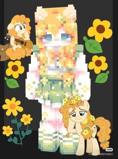 the pony is standing next to another pony with flowers in front of it and an image of