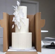 a three tiered white cake in a box