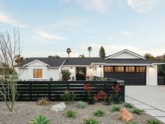 a white house with a black fence in front of it and cactus growing on the side