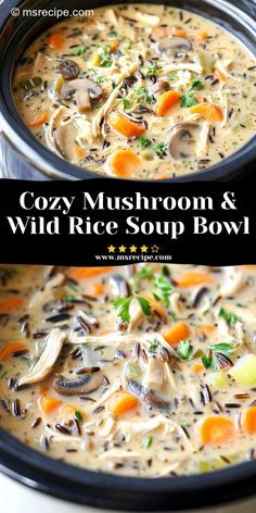 two bowls of creamy mushroom and wild rice soup