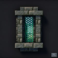 an image of a window made out of blocks and bricks with green light coming from it