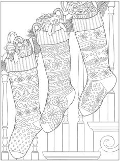 christmas stockings hanging on the railing with presents in them coloring page for adults and children