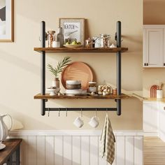 the kitchen is clean and ready for us to use it's shelves are filled with dishes