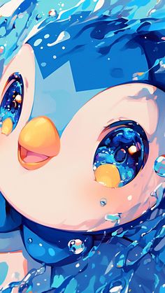 a blue and white penguin floating in the water with bubbles on its face, looking at the camera