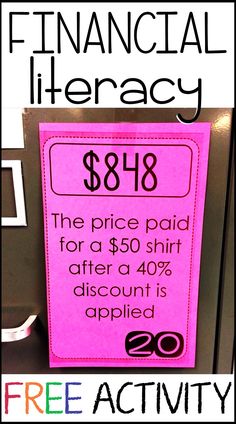 a pink sign that says financial library $ 80 the price paid for a $ 50 shirt after 40 % discount is applied