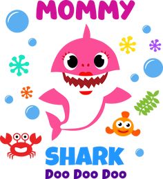 a pink shark with big eyes and teeth is surrounded by other cartoon animals in the water