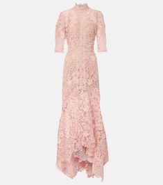 Floral lace gown in pink - Costarellos | Mytheresa Pink Fitted Lace Gown, Feminine Lace Evening Dress For Gala, Feminine Pink Lace Gown, Pink Lace Feminine Gown, Pink Elegant Lace Dress, Spring Formal Lace Gown, Elegant Pink Lace Work Dress, Feminine Fitted Lace Gown, Elegant Pink Dress With Lace Work