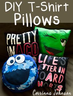 some pillows that are sitting on top of a couch with the words diy t - shirt pillows