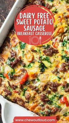 dairy free sausage breakfast casserole in a white dish with text overlay that reads, dairy free sausage breakfast casserole