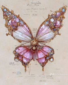 a drawing of a pink butterfly with blue and gold details on it's wings