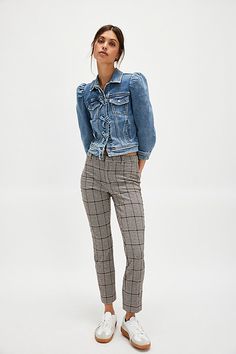 Perfect in plaid, these classic pants are featured in a chic slim silhouette for a forever-flattering fit. **Fit:** Mid-rise, ultra-slim silhouette **Features:** Zip fly and hook closure, back jetted pockets, cropped inseam, classic plaid print throughout **Why We ❤ It:** Timeless with loafers or sleek with kitten mules, you’ll reach for these for seasons to come. | Molly Slim Plaid Pants by Free People in Tan, Size: US 6 Black Plaid Pants Outfit, Check Pants Outfit, Black And White Plaid Pants, Plaid Pants Outfit, Check Pants, Checked Trousers, Classic Pants, Plaid Pants, Plaid Print