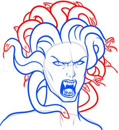 an evil woman's face with red, white and blue lines on her head