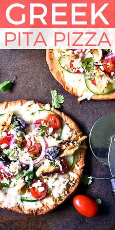 two pizzas sitting on top of a table covered in cheese and veggies