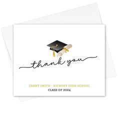 a graduation thank card with the words, thank you in black and gold on it