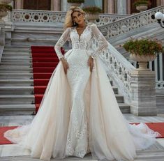 Lily Blush White Wedding Dress-danddclothing-Classic Elegant Gowns,Detachable,Royal Wedding Dresses,White Sima Couture, Long Sleeve Wedding Dress Lace Mermaid, Champagne Wedding Dress Lace, Flare Pattern, Dress With Flared Sleeves, Long Sleeve Mermaid Wedding Dress, Lace Wedding Dress With Sleeves, Wedding Dress Champagne, Royal Wedding Dress