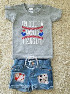 I'm outta your league baby toddler girl baseball distressed short outfit/baseball shorts/baseball sh Distressed Shorts Outfit, Makenna Grace, Old Clothes Diy, Baseball Shorts, Denim Baby, All Jeans