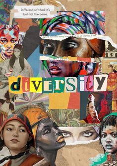 collage of people with different colored faces and words