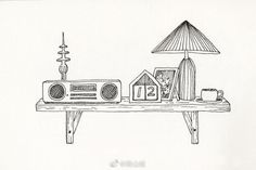 a drawing of a table with a radio, lamp and other items on top of it