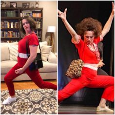 two women in red and white outfits, one with her arms up while the other is dancing