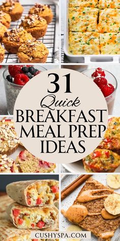 breakfast meal prep ideas with the title overlaying it in four different pictures, including bread and muffins