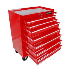 a red toolbox with six drawers on wheels and one drawer open to show the contents