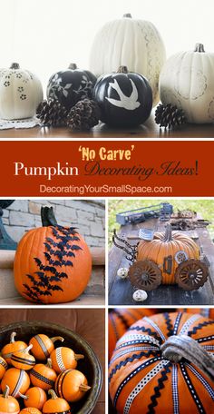 pumpkins decorated with black and white designs are shown in this collage for halloween