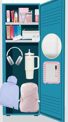 an open blue locker with various items on the shelf and in front of it is a backpack, coffee mug, headphones, notebooks, earbuds