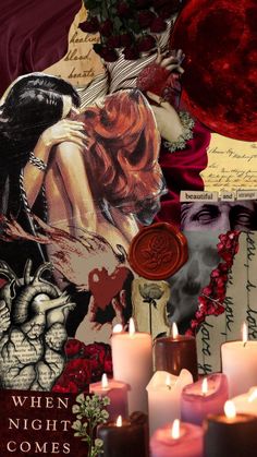 candles are lit in front of a collage of images